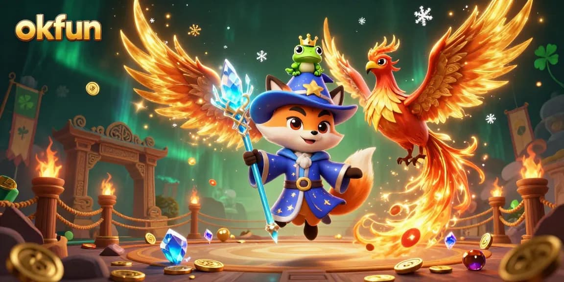 Experience thrilling gaming at okfun with a mystical wizard fox and phoenix in a dynamic casino atmosphere.
