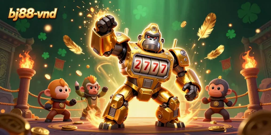 Experience jackpot excitement at bj88-vnd with a vibrant 3D illustration of a golden gorilla mech.