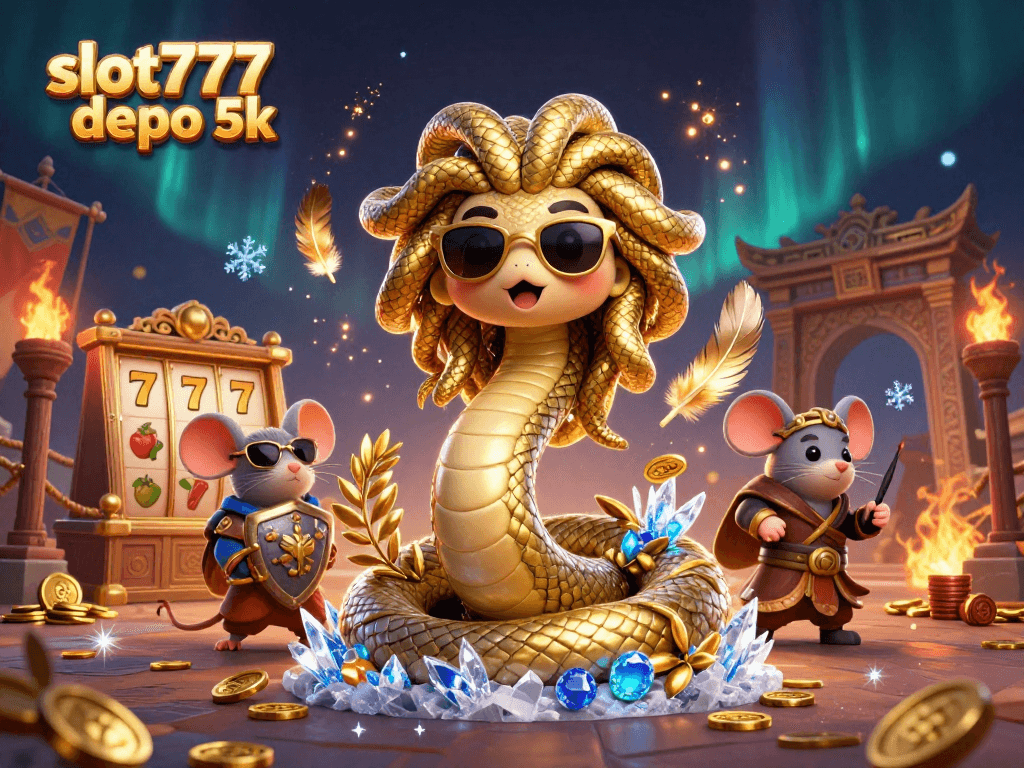 Experience the excitement of slot777 depo 5k with a vibrant 3D casino illustration featuring Medusa and a warrior mouse.