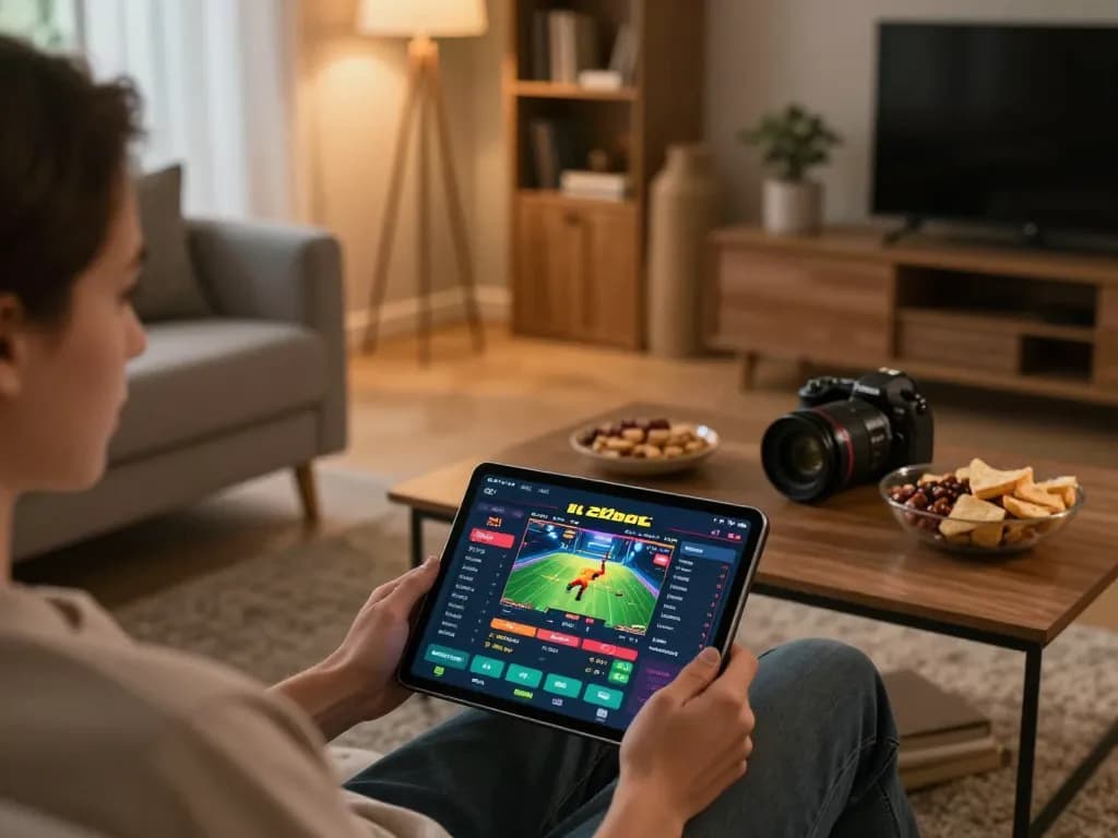 Engaging online betting experience with 22bet on a tablet in a cozy home setting