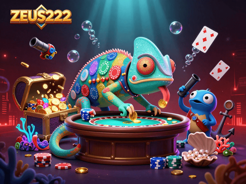 ZEUS222 showcases players winning in an exciting chameleon-themed online casino environment.