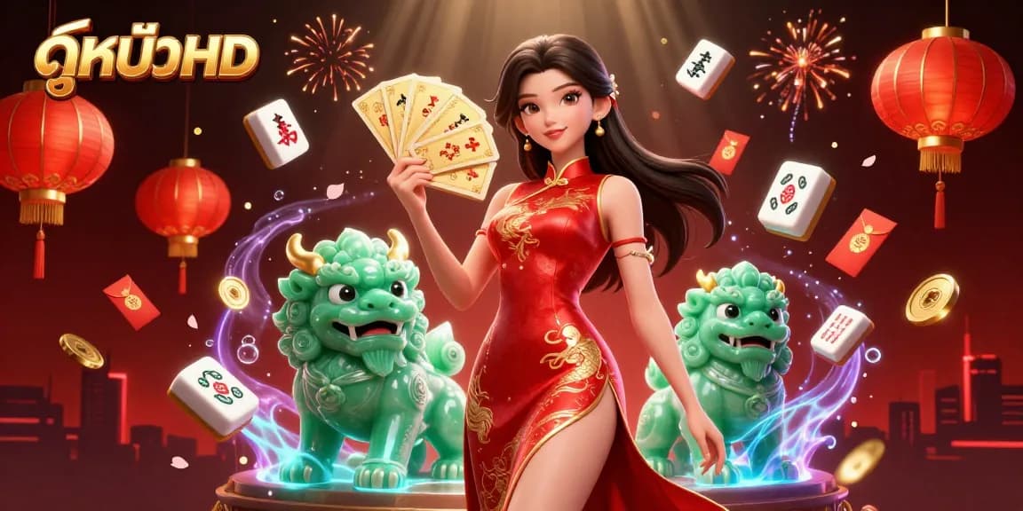 Engage with ดูหนังHD in this vibrant casino scene featuring golden cards and dynamic decorations.