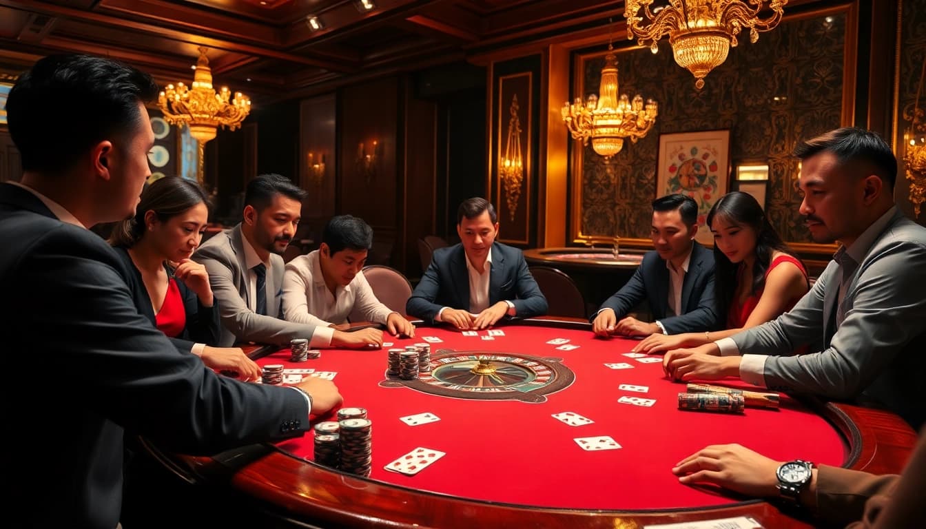 Experience thrilling poker action at https://bl555.family/ casino with players and chips in an elegant setting.