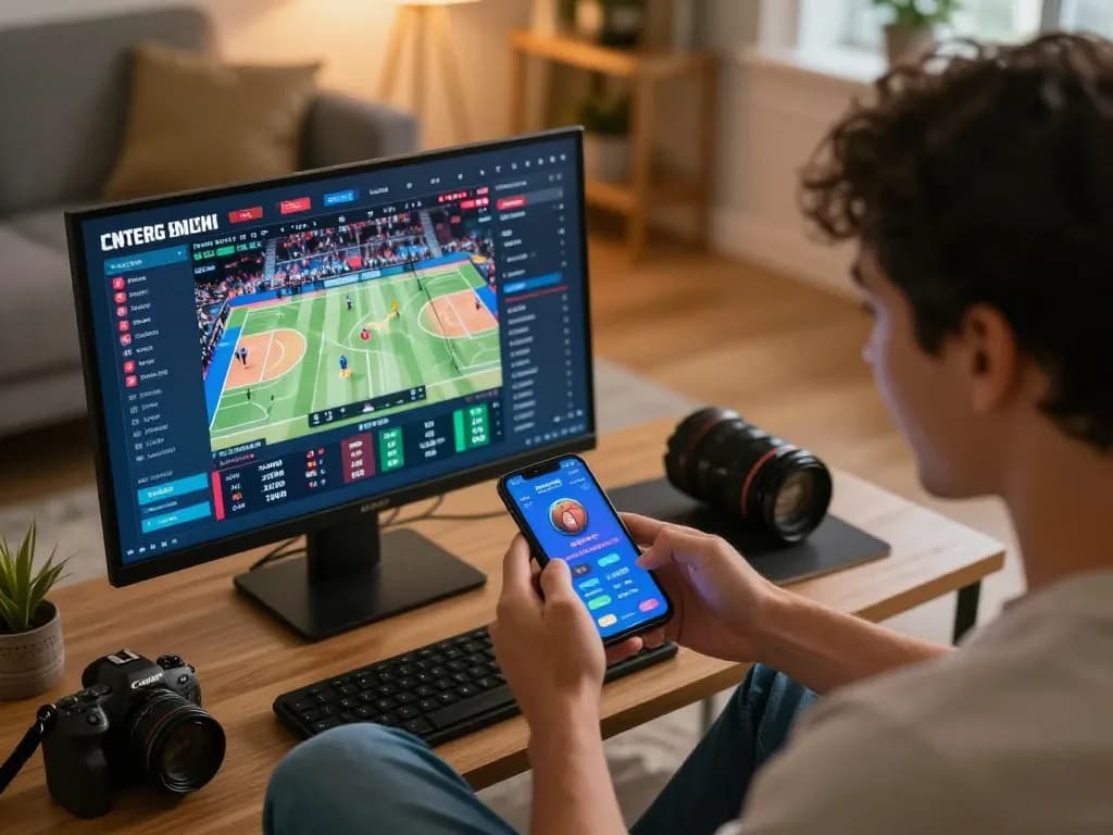 Engaging scene of placing an nk88 bet on a mobile device during a live basketball match.
