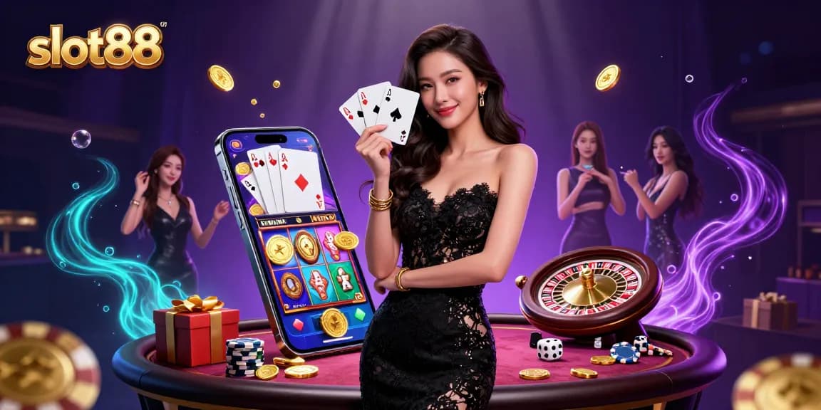 Rasakan keseruan dengan slot88 yang menampilkan wanita Asia elegan memegang kartu permainan yang menang.