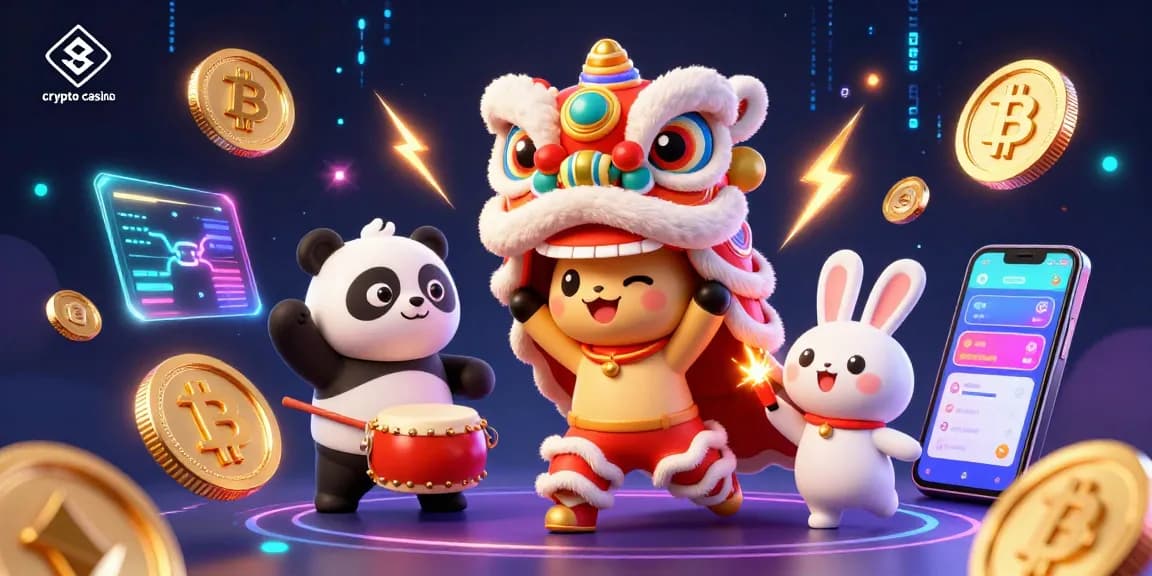 Experience the excitement of a crypto casino with vibrant characters and dynamic digital elements in this lively 3D illustration.