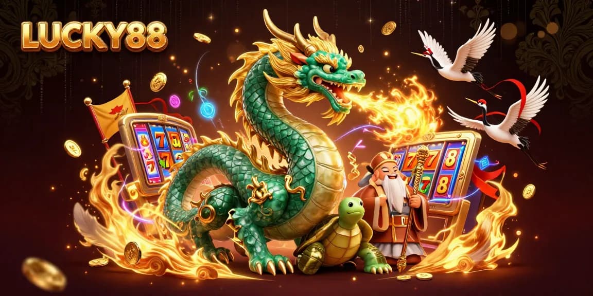 Experience LUCKY88 with an emerald dragon, turtle sage, and dynamic casino elements.