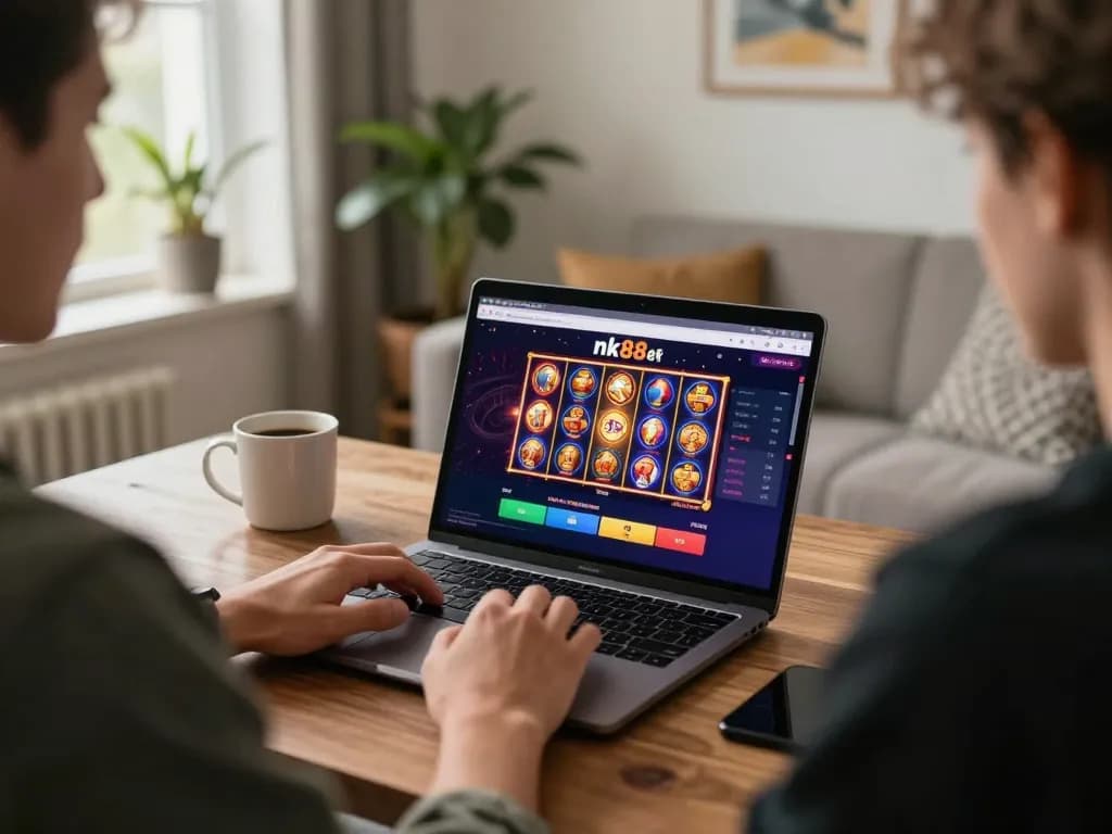 Engaging in nk88 bet with dynamic online casino gameplay at home, showcasing a cozy gaming atmosphere.