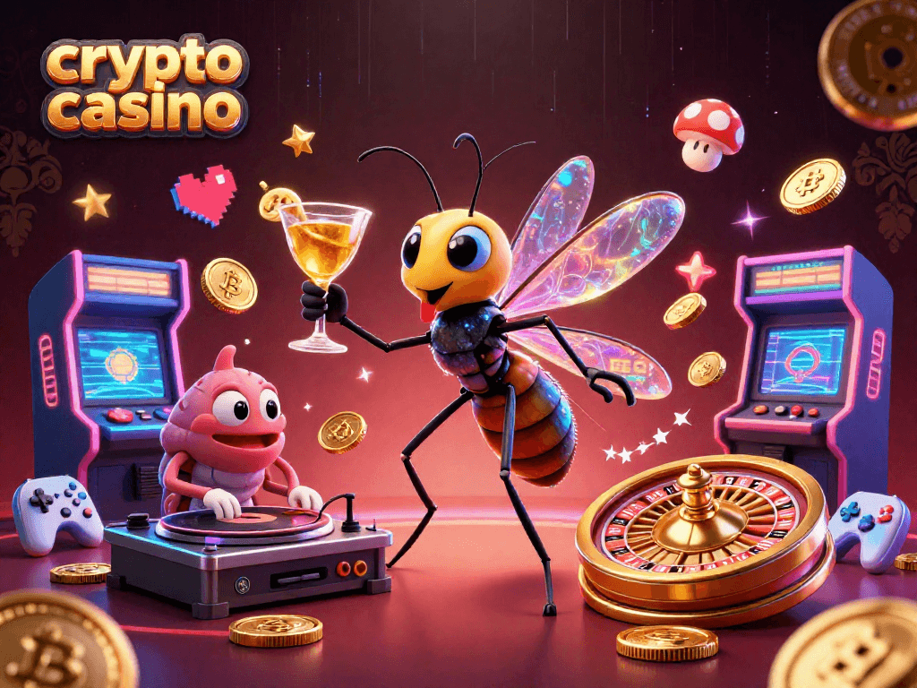 Experience the thrill of a crypto casino with vibrant characters and gaming elements in an immersive 3D scene.