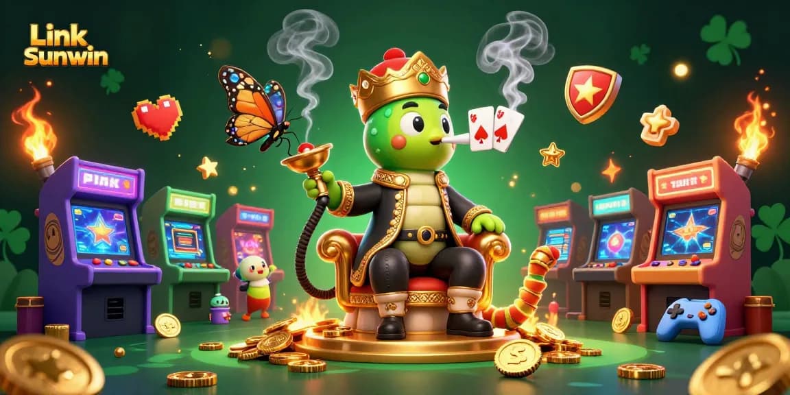 Engage with Link Sunwin, showcasing a colorful casino scene filled with gaming excitement and dynamic characters.
