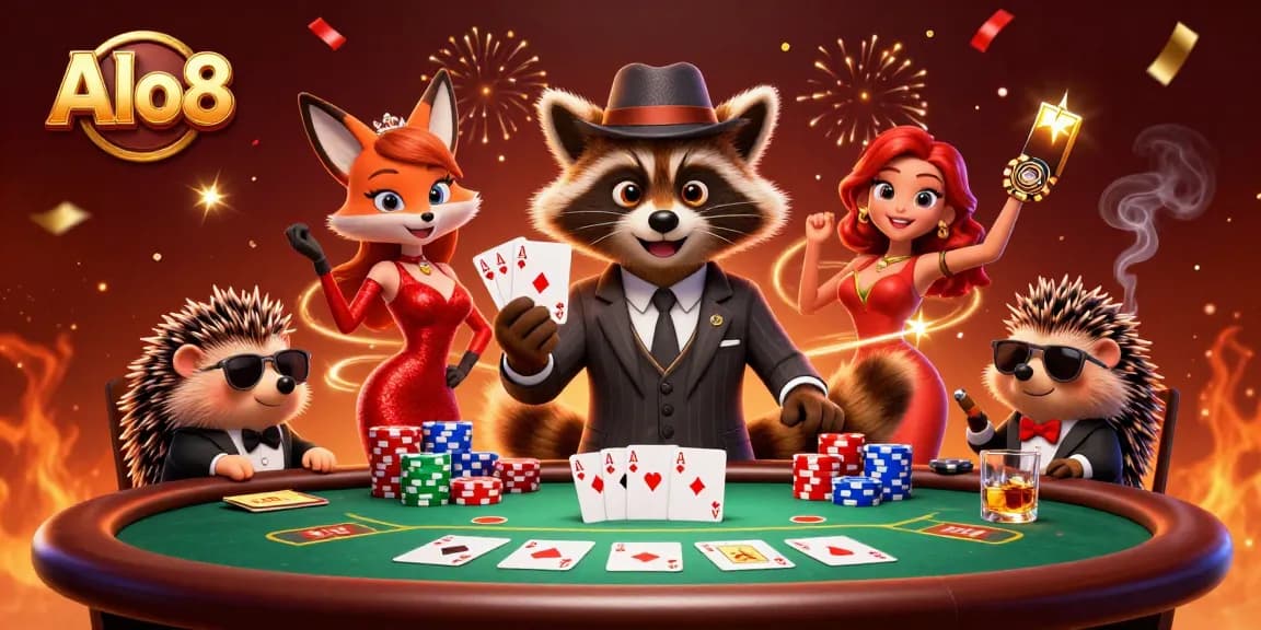 Alo8 showcases a vibrant casino scene with a suave raccoon, fox lady, and hedgehog bouncer at a dynamic poker table.