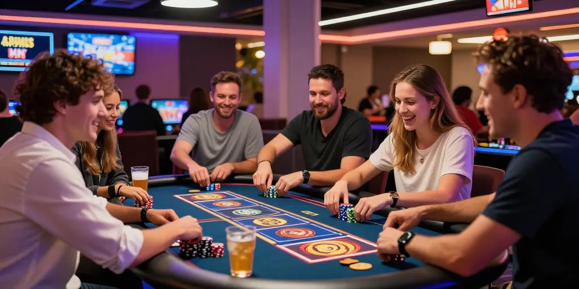 Excited players at online casinos Australia enjoying games with colorful lighting and lively atmosphere.