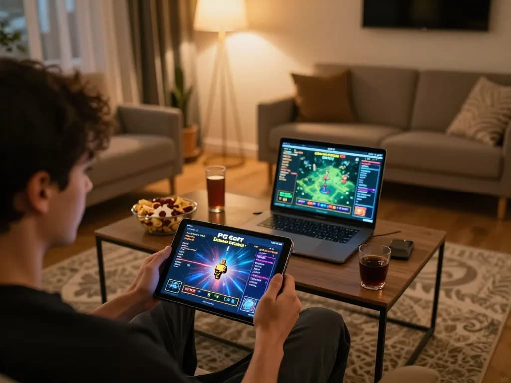 Bermain session PG Soft Demo Gratis di tablet dalam ruang tamu yang nyaman