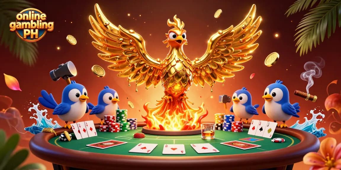 Engage in online gambling PH with a dynamic scene of a phoenix and poker elements.