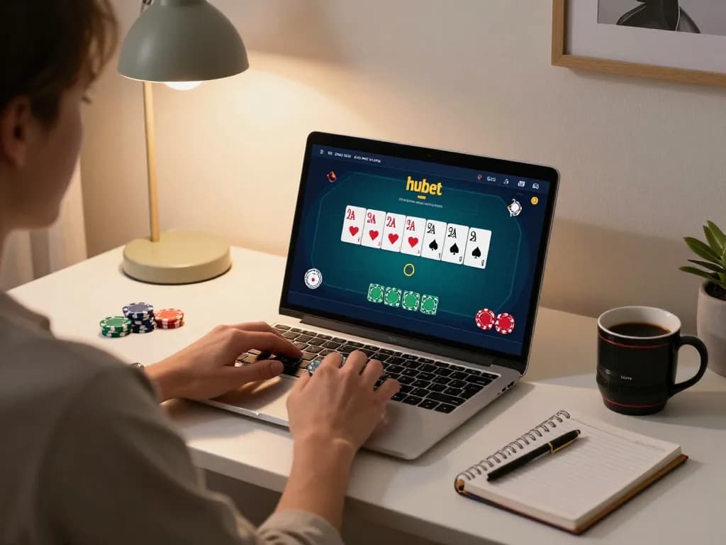 Engaging in hubet online poker gameplay at home, showcasing strategy notes and cozy ambiance.