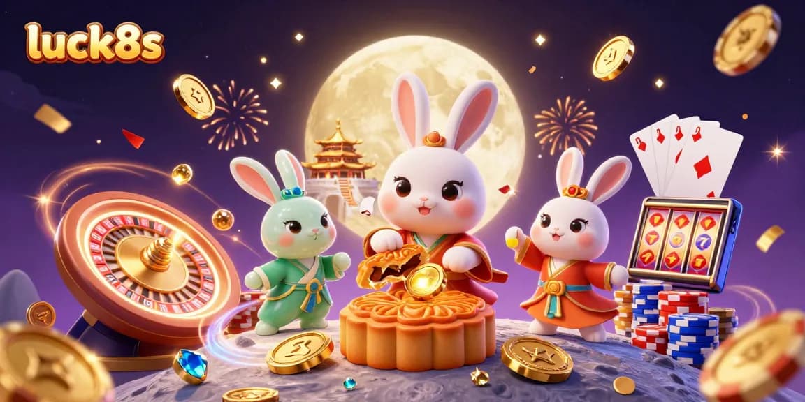 Spin and win big at luck8s with a vibrant scene of playful moon rabbits and casino treasures.