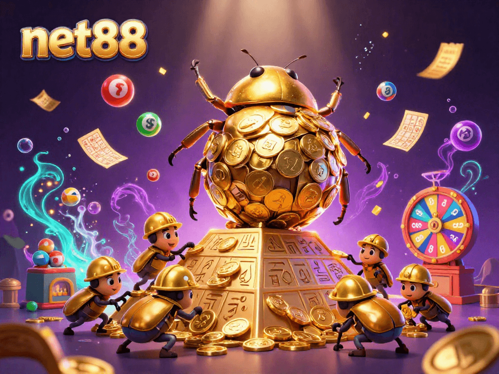 Engage with net88 through a colorful scene of a golden dung beetle casino adventure, capturing energy and elements.