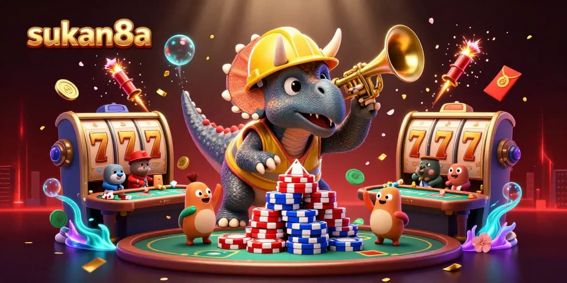 Sukan8a showcases a festive casino scene with a joyful triceratops building poker chip pyramids.