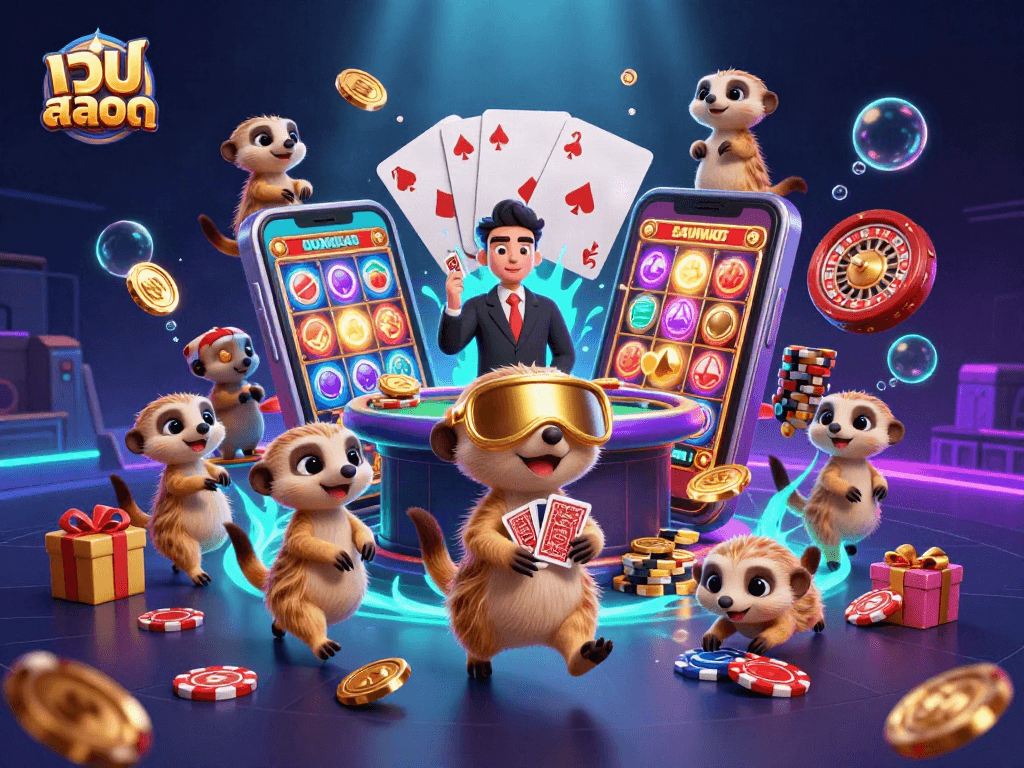 Experience thrilling moments at เว็บสล็อต with meerkats running a vibrant casino operation.