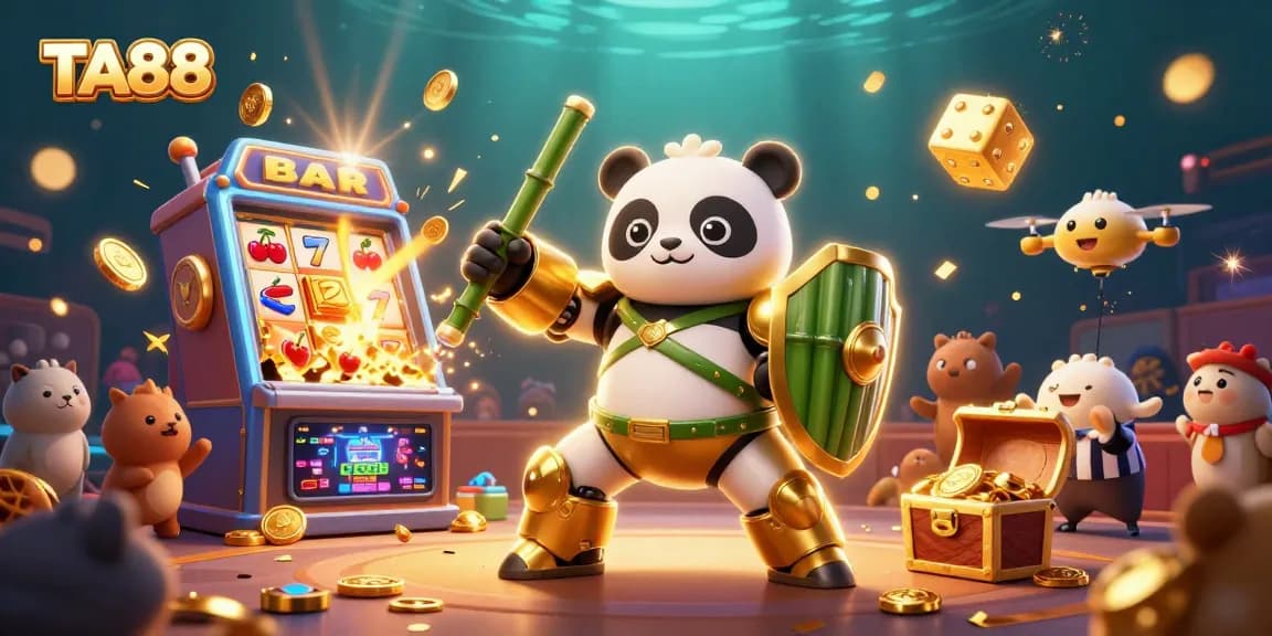 TA88 showcases a vibrant casino scene with a golden panda and exciting game elements flying around.