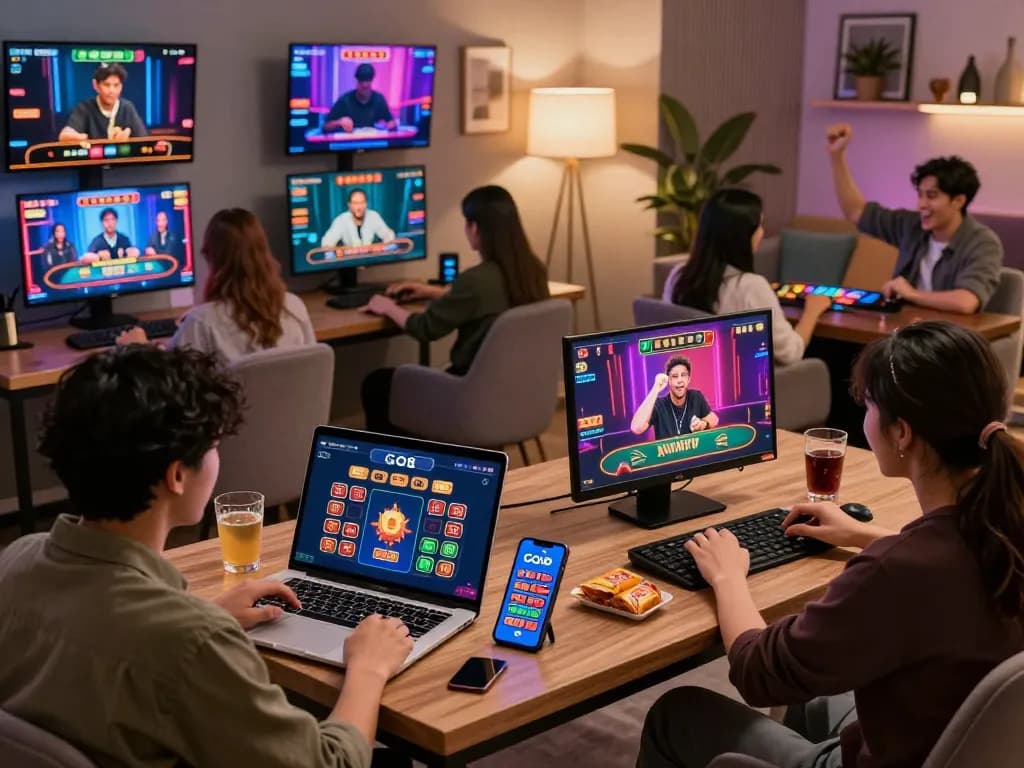 Players enjoying the GO8 app during an online gaming event, celebrating wins in a stylish setup.