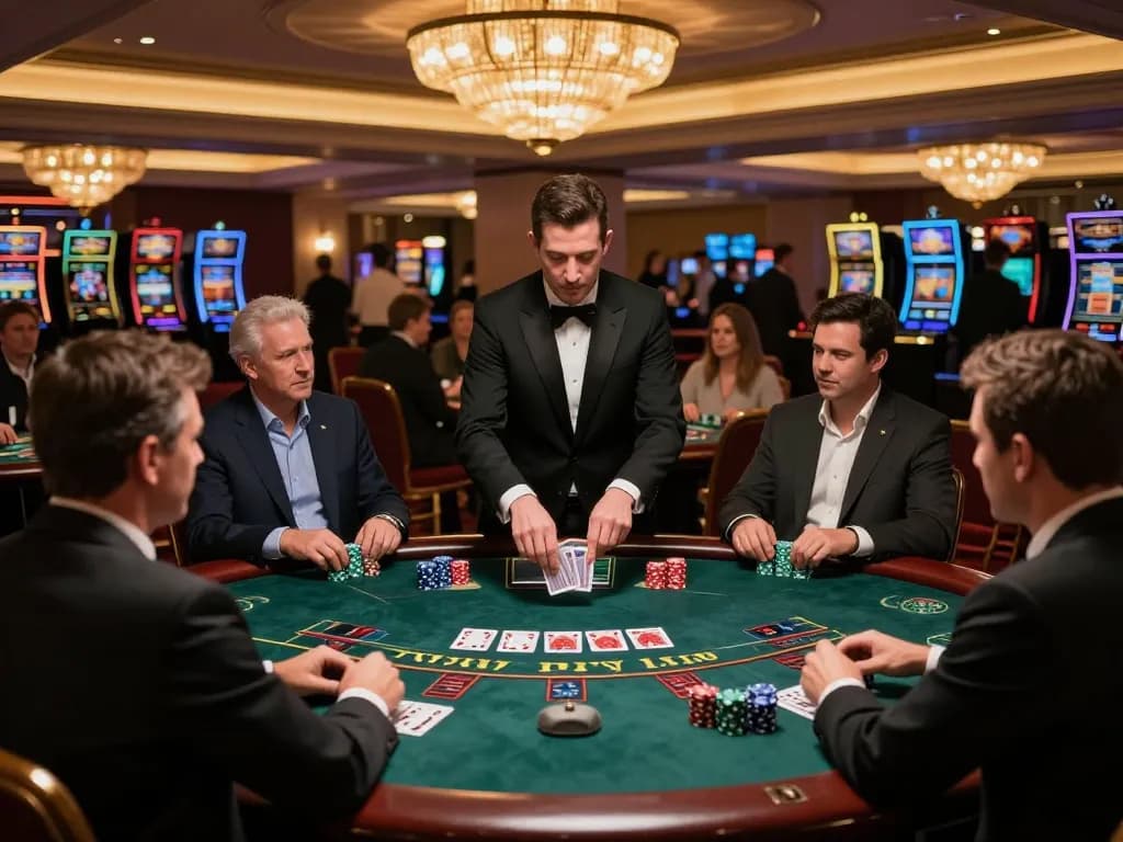 High-stakes gaming at a luxurious casino blackjack table emphasizing situs slot gacor experience with chips and attentive players.