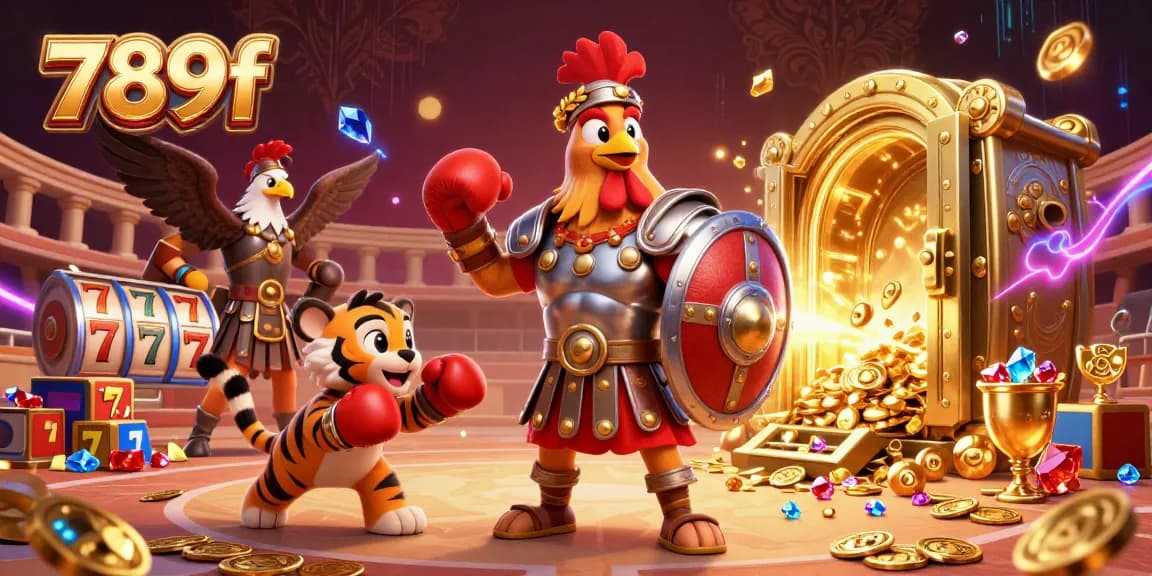 Experience thrilling action with 789f's 3D illustration, featuring a gladiator rooster and dynamic gambling elements.