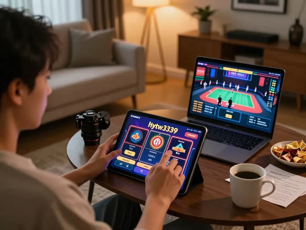Person engaging with the hytw3339 casino app on tablet, showcasing online gaming intensity.