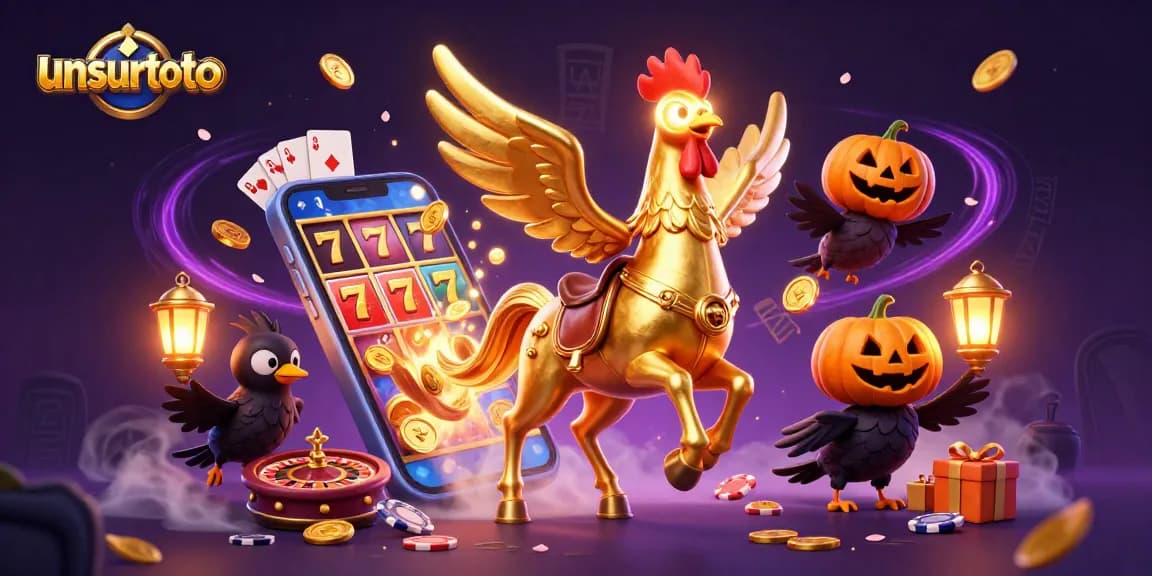 Engage with unsurtoto through an enchanting spectacle of a golden rooster and its mystical companions in a vibrant casino.