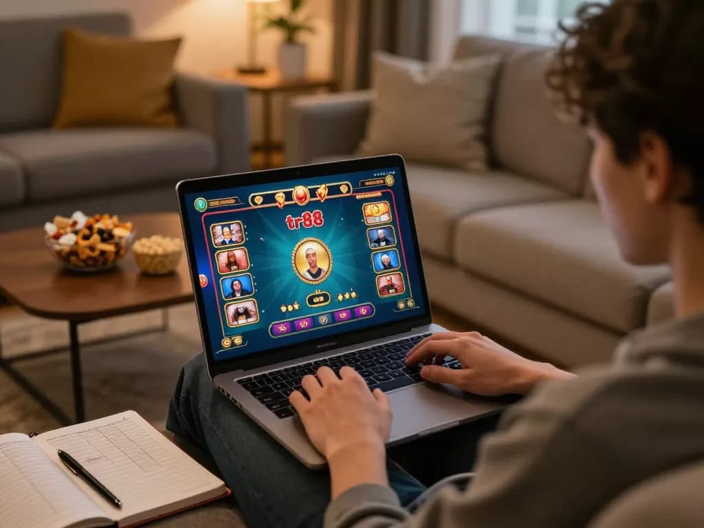 Engaging tr88 game experience with a player immersed in online casino gameplay at home.