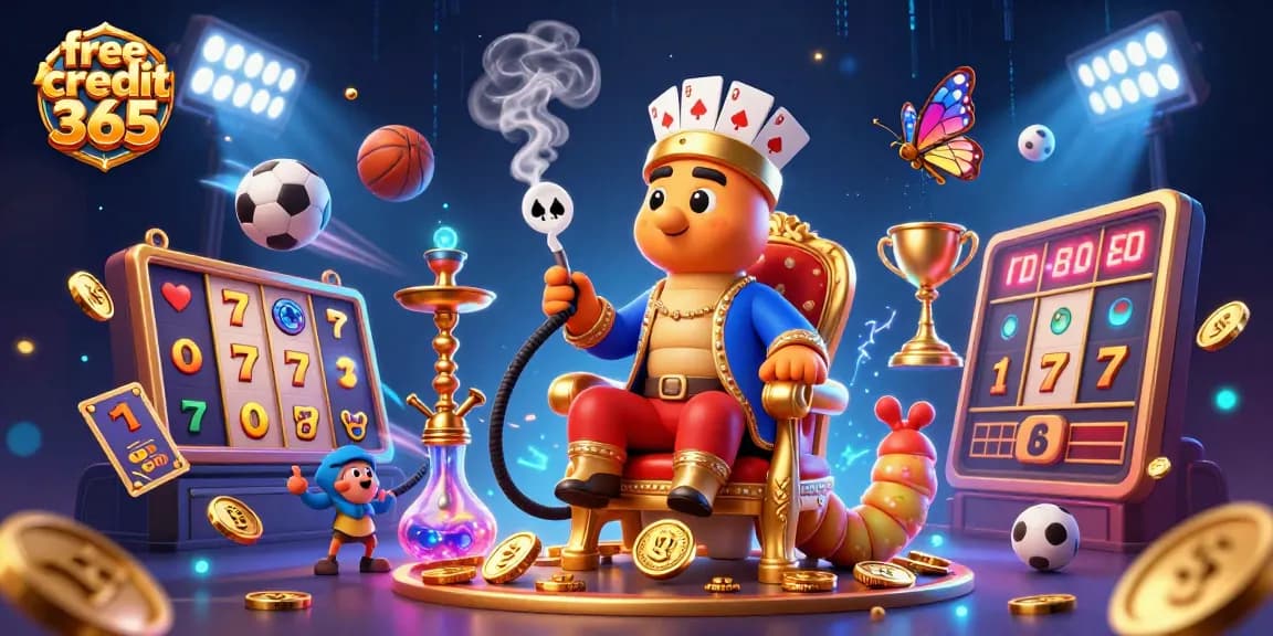 Experience 'free credit 365' in a vibrant casino setting with engaging slot reels, sports elements, and dynamic visuals.