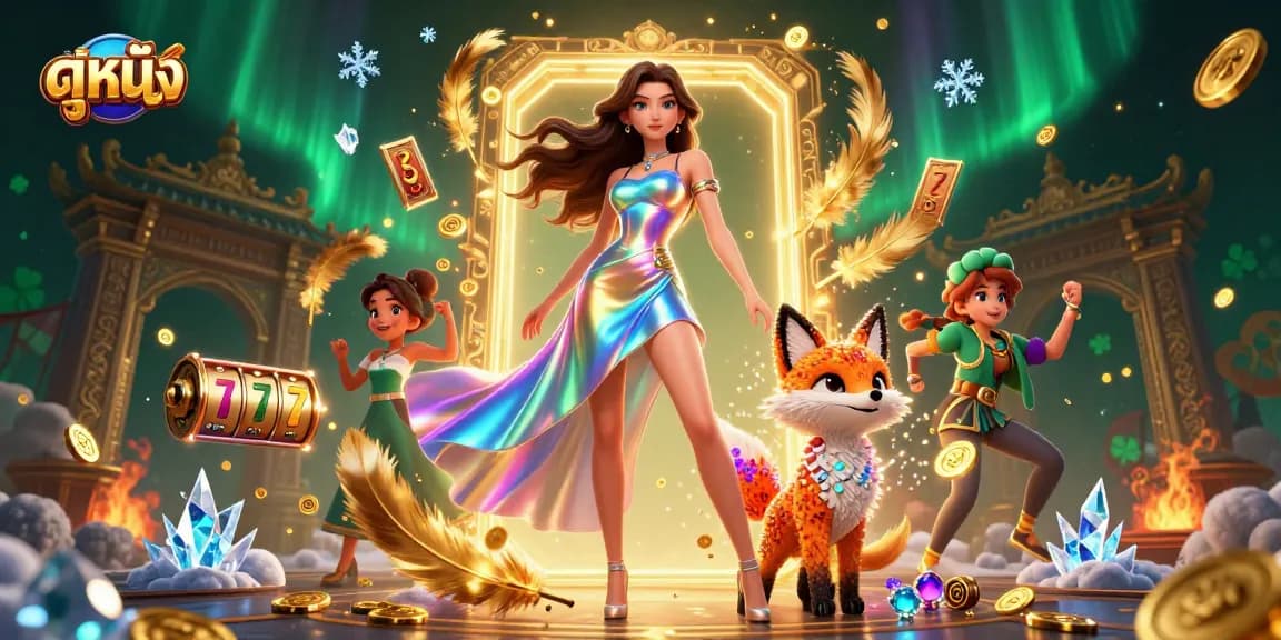 Experience ดูหนัง with a stunning 3D digital illustration featuring vibrant casino elements and characters.