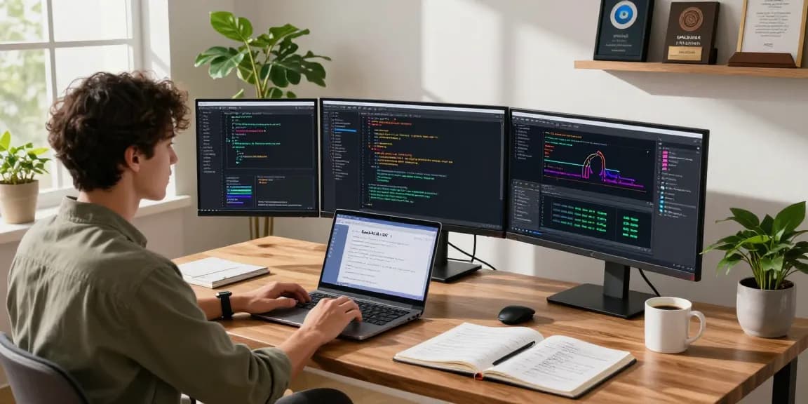 AI developer engaging with kobold ai on multi-monitor setup, showcasing innovative workspace.