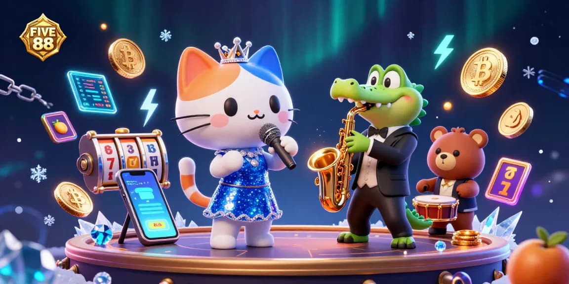 Engage with the vibrant energy of FIVE 88 in this dynamic casino illustration featuring animated characters.