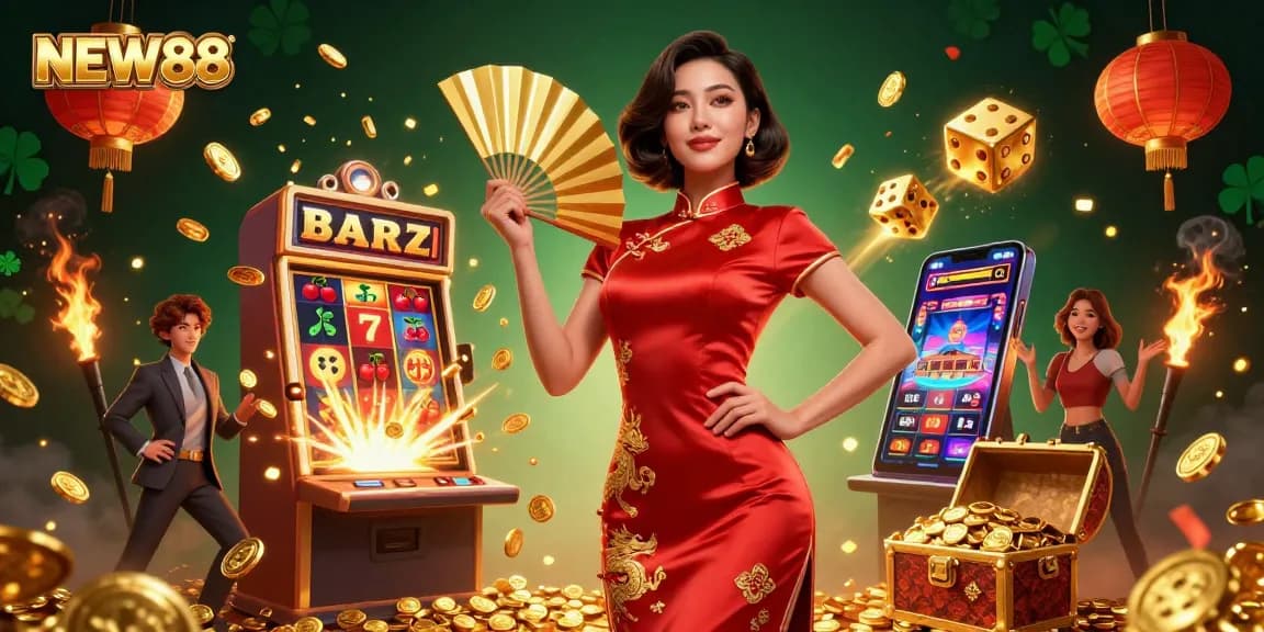 Experience thrilling wins with NEW88's vibrant casino scene featuring a confident woman amidst floating coins and exciting game elements.