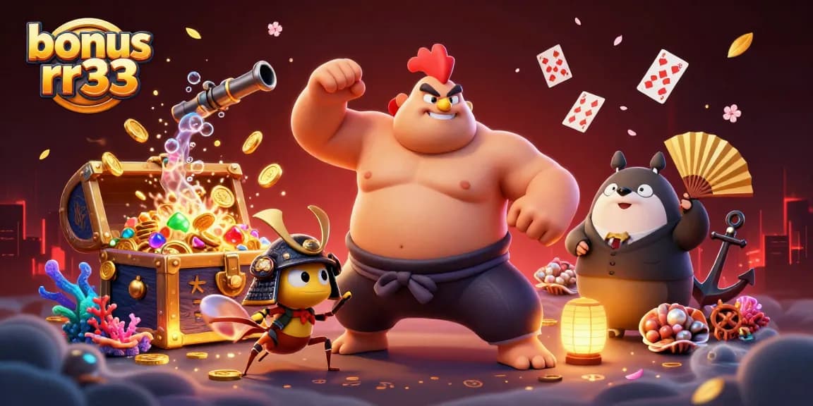 Engage with bonus rr33 in a dynamic 3D casino scene featuring unique characters and vibrant elements.