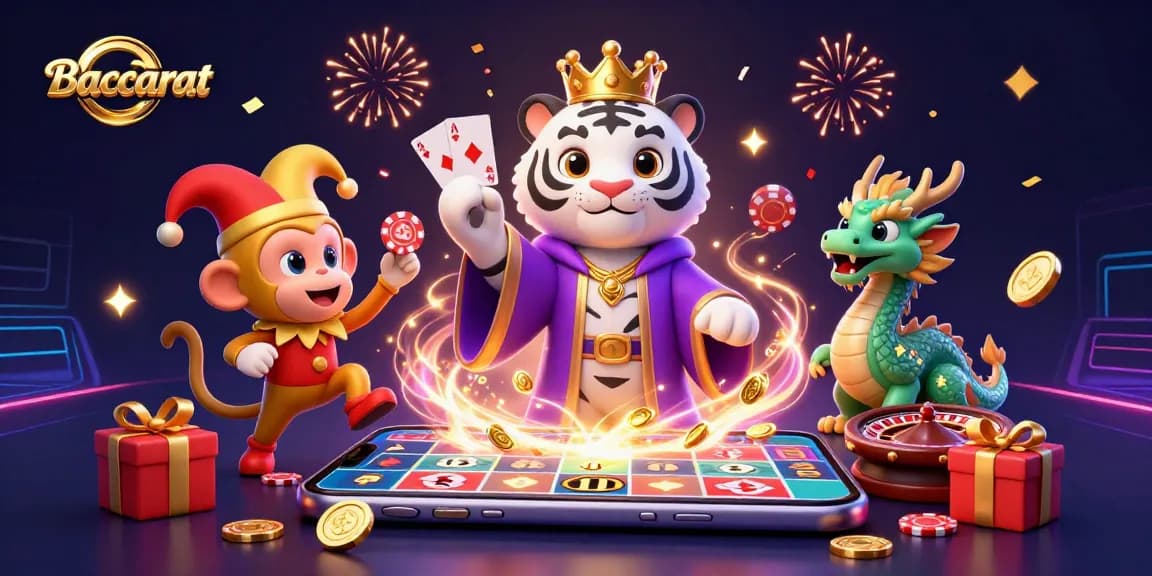 Baccarat action scene with a white tiger, golden monkey, and jade dragon surrounded by casino elements.