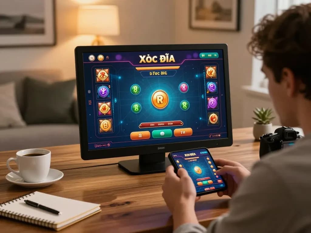 Xóc đĩa player engaging with mobile app while strategizing in a comfortable home setting