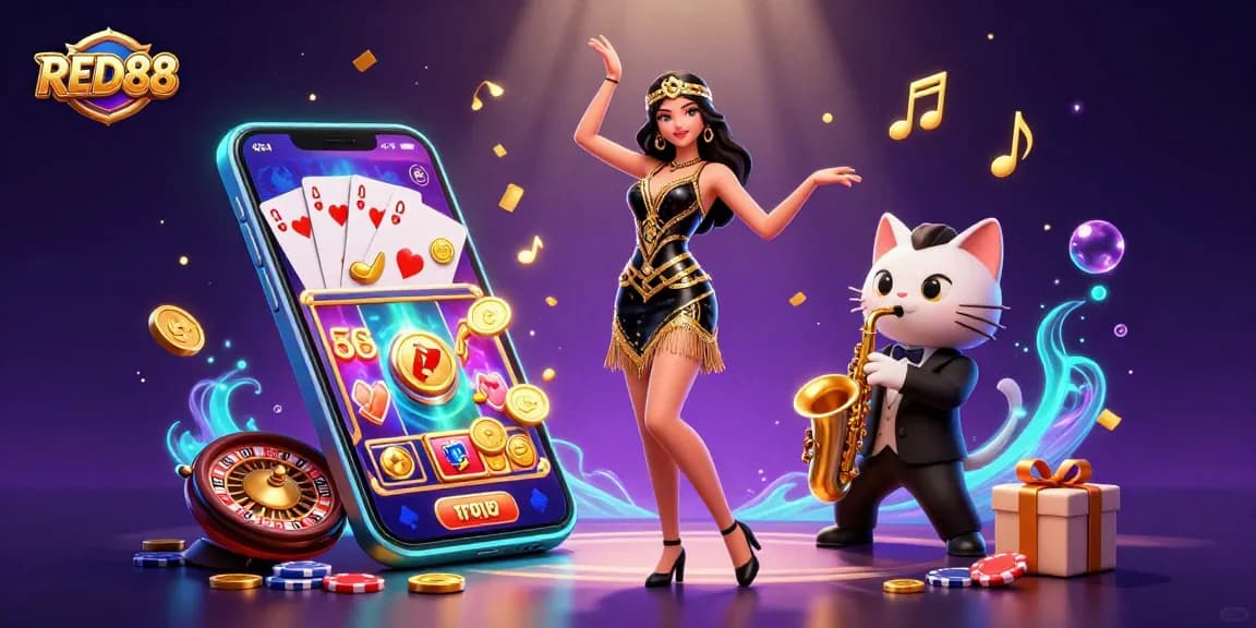 Experience thrilling gameplay at RED88 with vibrant 3D casino visualization featuring slots, cards, and lively characters.