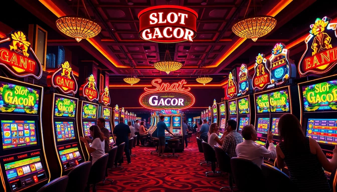 Engaging scene of players enjoying slot gacor machines with colorful chips and neon lights.