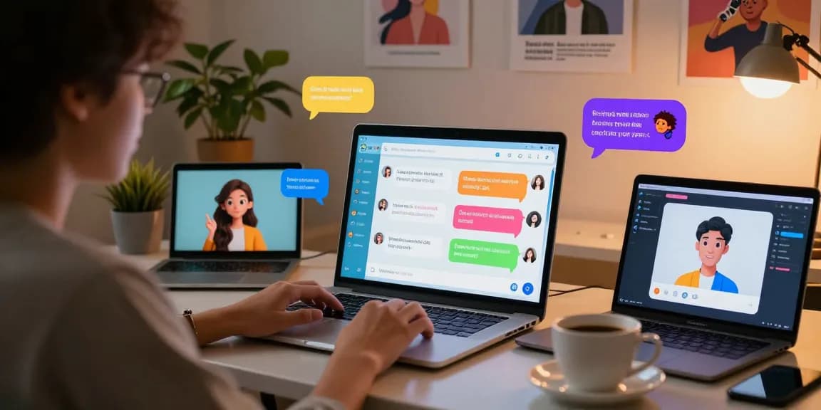 Engage with spicy chat AI in an interactive home office scene showcasing vibrant chat dynamics.