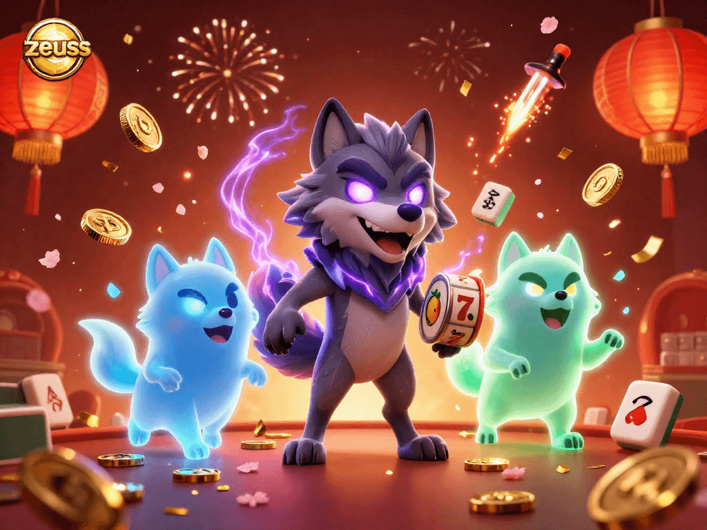 Join the excitement with zeus in this vibrant casino scene featuring dynamic slot reels and festive elements.