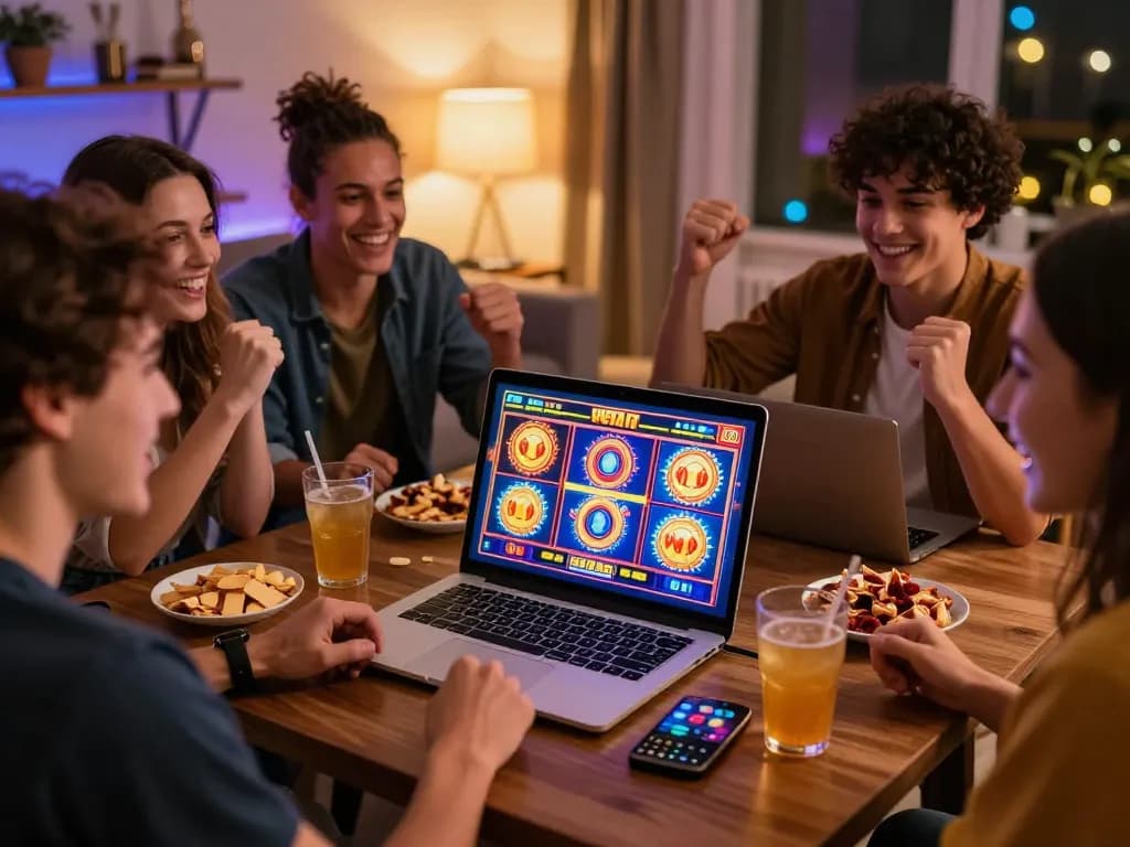 Group of friends enjoying slot gacor hari ini together on a laptop in cozy living room