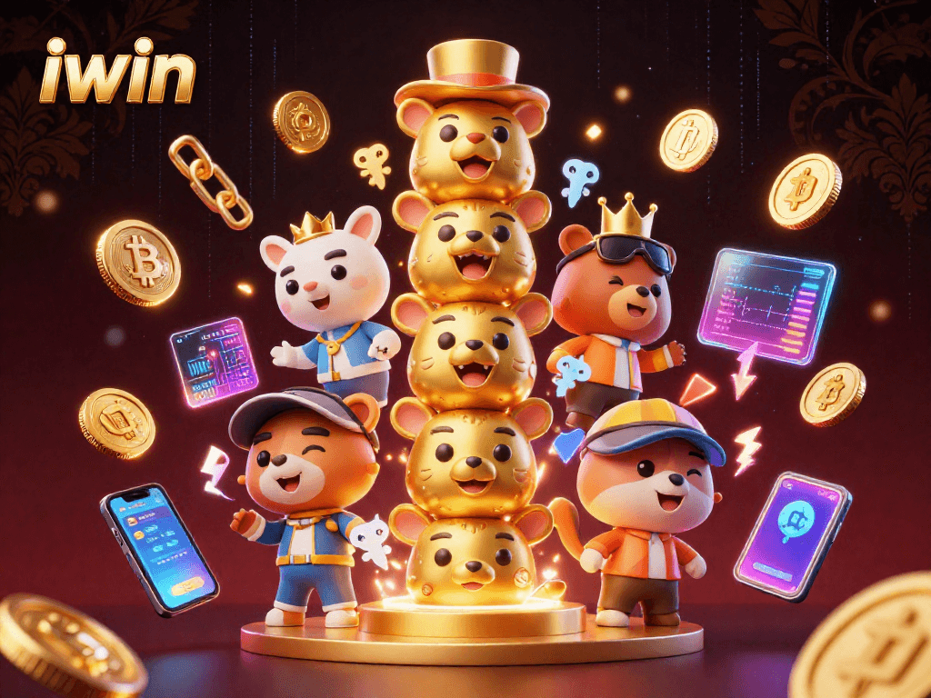 Engage in thrilling gameplay with iwin's vibrant 3D cartoon illustration featuring a golden totem pole and crypto elements.