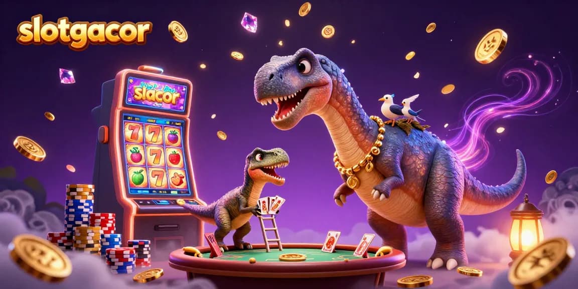 Engage with slotgacor at a bustling casino scene featuring a charming brontosaurus and vibrant games.