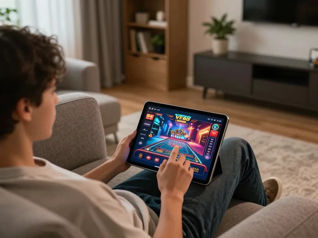 Engaging online gaming session on vt88 trang chủ with a tablet in a cozy living room setting.