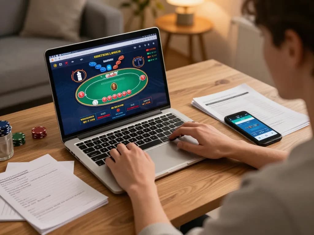 Iwinclub player engaging in strategic online poker from home office setup.