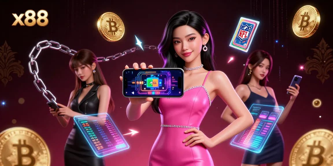 Engage in thrilling games on x88 with a confident woman showcasing a live dealer casino game on her smartphone.