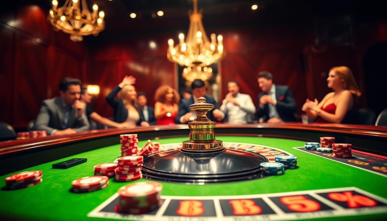 Togel389 menampilkan tabel roulette dengan chip berwarna-warni dan pemain yang bersemangat.