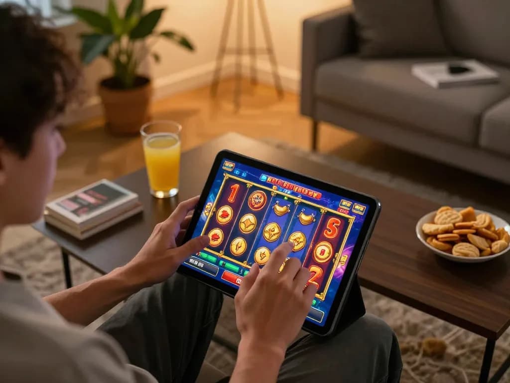 Person spins link gacor slot game on tablet in cozy home setup, capturing vibrant gameplay action.